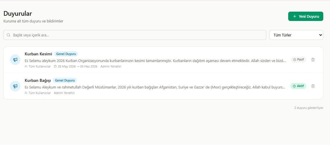 Dernek yazılımı duyuru yönetimi